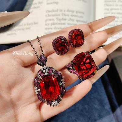 Mode Dam Smyckesset Helt Diamant Röd Rubin Hänge Roseguld Ring Örhängen Blå Safir Ädelsten Halsband