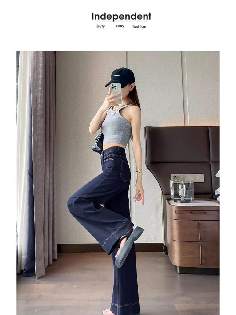 Women's Dark Blue Soft Denim High-Waisted Wide-Leg Jeans – Light Summer Style 2025