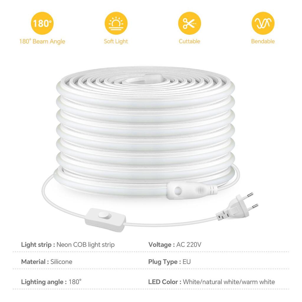 COB Neon Led Strip Lights Flexible Led Tape 220V Waterproof Outdoor Lighting Tape Ceiling Lights With EU Plug