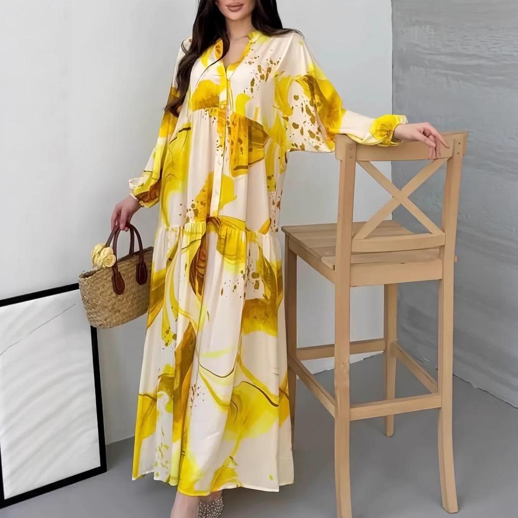 European 2025 V-Neck Long Sleeve Casual Loose Printed Dress for Women