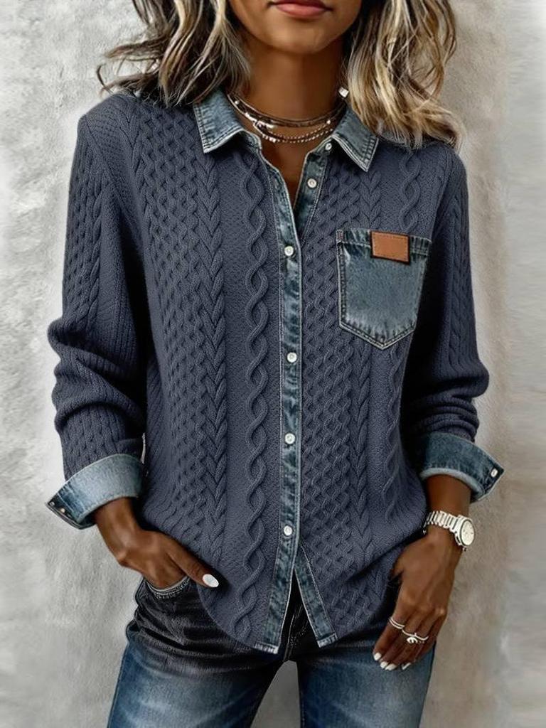 European Style Knit Patchwork Denim Shirt - Women's Autumn/Winter Long Sleeve Cardigan