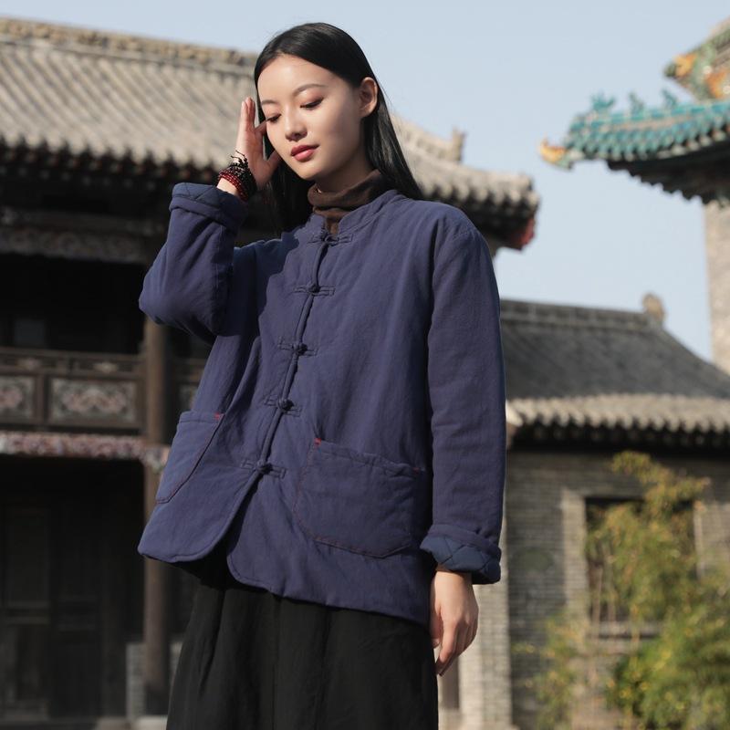 Winter new cotton and linen retro loose stand-up collar Chinese buckle hand-sewn warm top women's short cotton-padded clothes