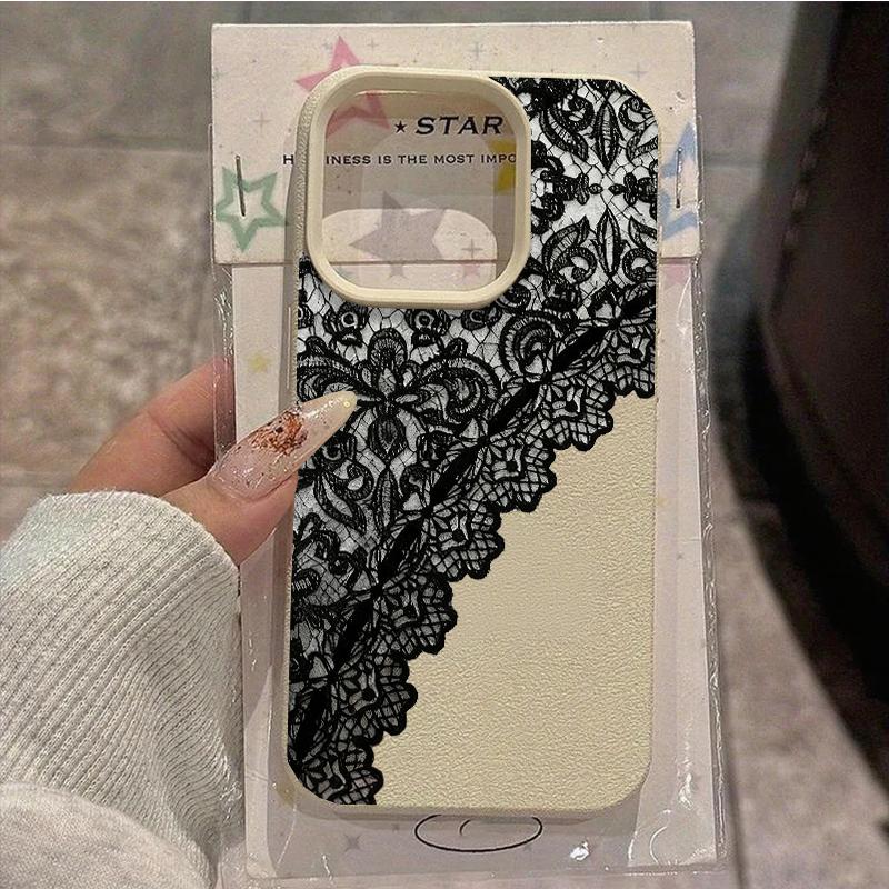 Black Lace Pattern Personalized Mobile Phone Case For iPhone 16 17 Pro Max 15 Plus 14 13 12 11 17 Air XS XR Faux Leather Cover