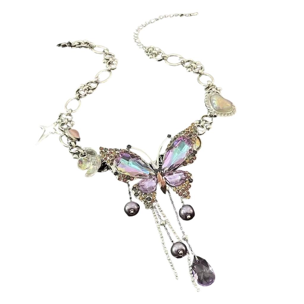 Dazzling Allover Crystal Butterfly Love Charm Necklace Moving Fringe Detailing Clavicle Chain Adjustable Neckchain