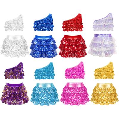 Kids Girls Dance Performance Outfit Shiny Sequins Sleeveless One Shoulder Vest with Metallic Skirted Shorts