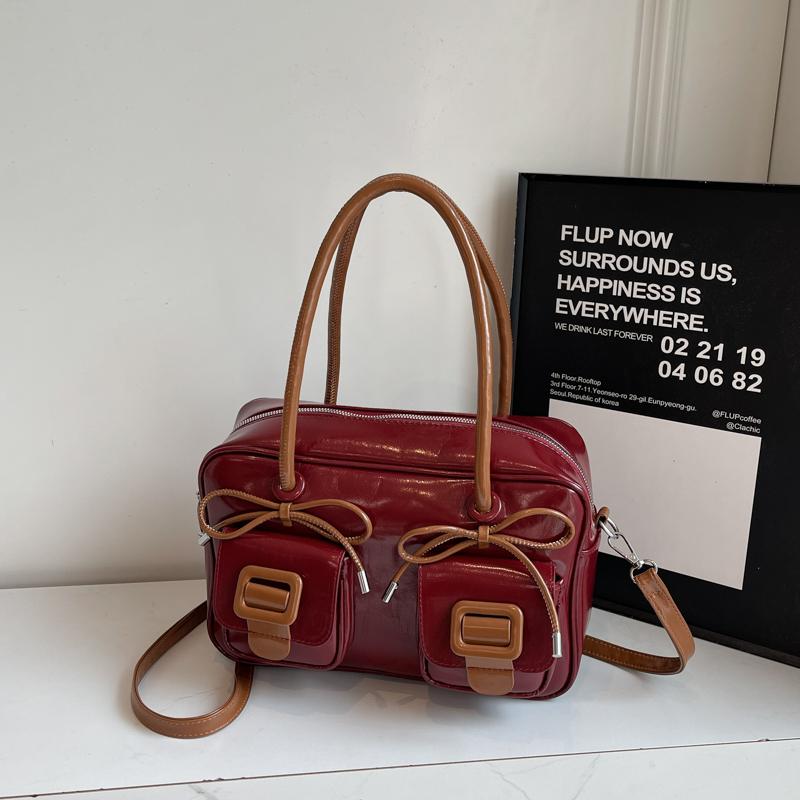 

Preppy Style Shoulder Bags For Women Ctrast Color Multi-pocket Large Capacity Crossbody Motorcycle Bag Commute Handbags Female 30x18x10cm бордовий