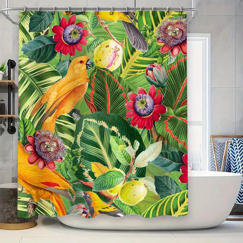 

Beautiful Greenery Shower Curtain with Birds Bathroom Decor for Kids Room Tropical Floral Design Waterproof Fabric Bath Mat Oran 90x180cm