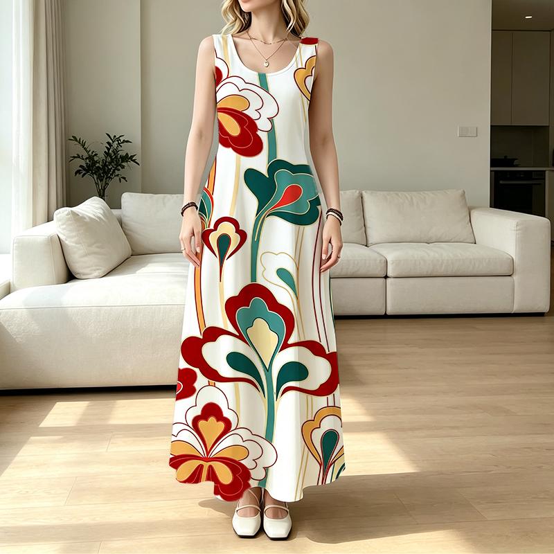 Summer Floral Sleeveless Maxi Dress for Women Loose Fit,Soft Fabric,Vibrant Colors,Versatile for Daily Casual & Outing Wear