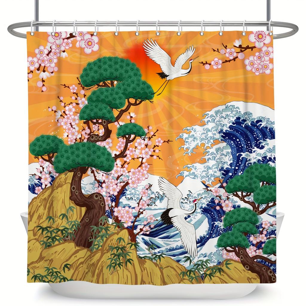 Shower Curtain: Traditional Japanese Scene with Cranes, Cherry Blossoms, and Ocean Waves for an Oriental and Harmonious Bathroom