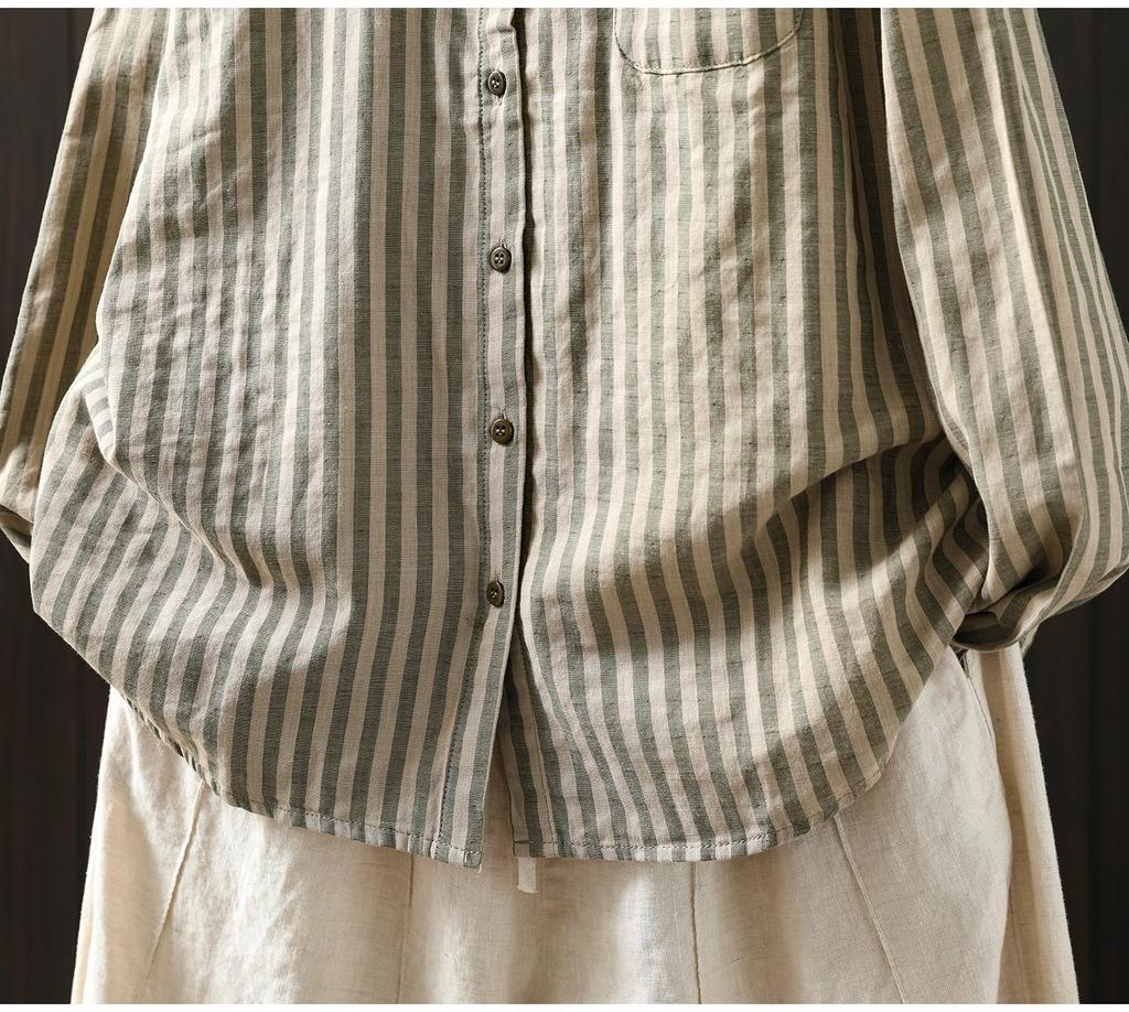 2026 Spring Women's Long Sleeve Retro Vertical Striped Cotton Gauze Shirt