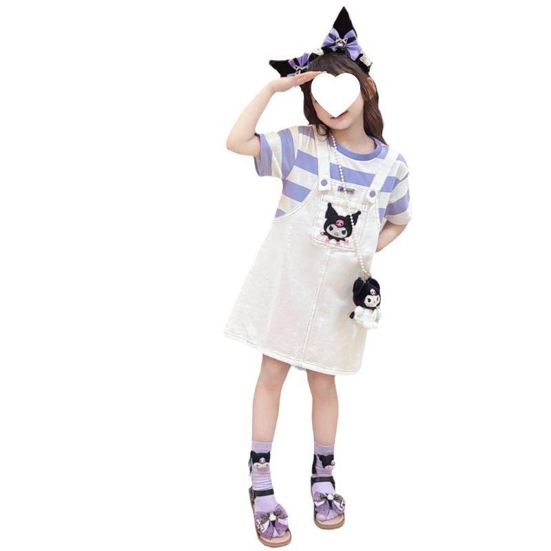 Girls Summer Striped Short Sleeve Pinafore Dress Fashionable Casual Princess For Big Kids
