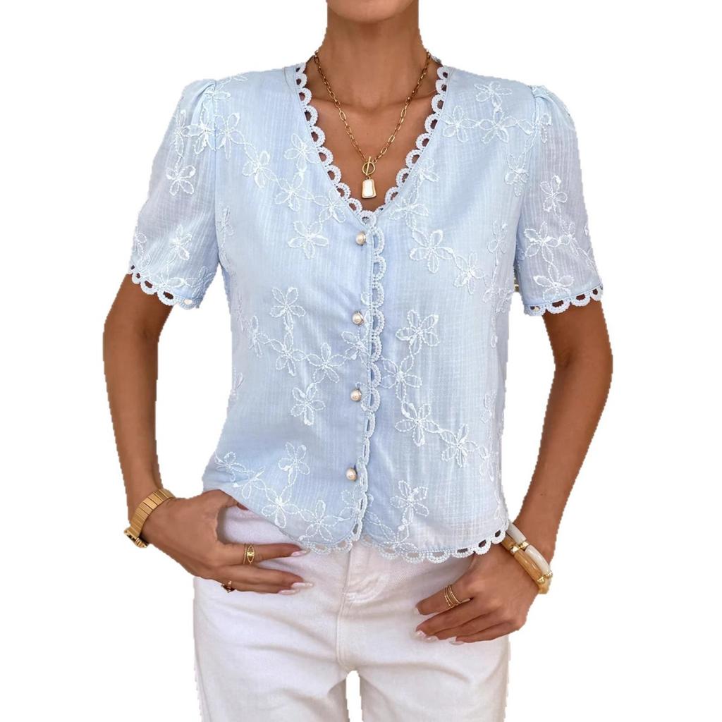 Summer New Women's French Lace Trim V-neck Short Sleeve Embroidered Chiffon Cutout Blouse Top