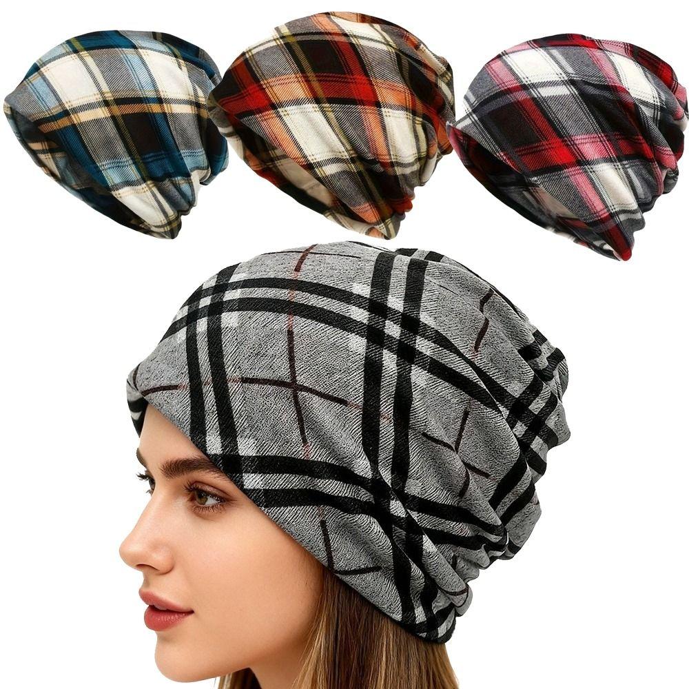 Contrasting Colors Turban Hats Plaid Print Casual Hedging Cap Gifts Pullover Hat  Autumn and Winter