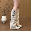 French Pointed Inner Heightening Knight Boots Women's Belt Buckle White Boots 2025 New Fashion Wedge Trouser Tube Boots