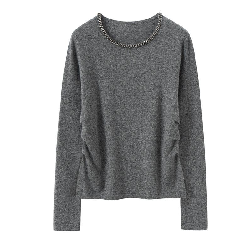 Crew Neck Diamond Waist Design Cashmere Sweater New Versatile Pullover Loose Casual Knitted Cashmere Sweater