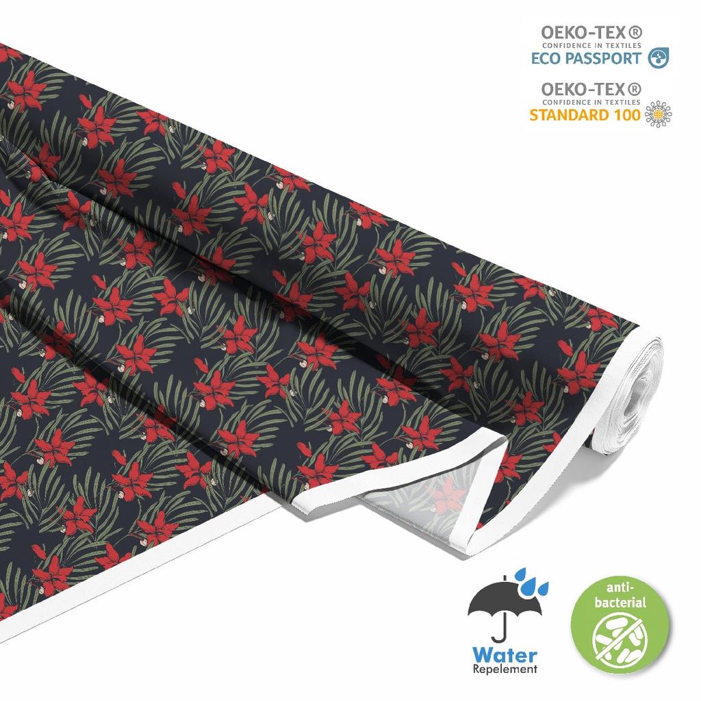 Outdoor Dekostoffe Oxford - Motiv Rote Blumen Auf Schwarzem I Dx229