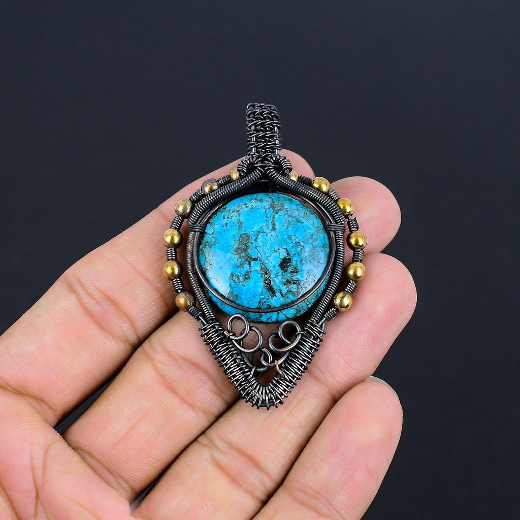 Blue Turquoise Handmade Gemstone Pendant, 999 Copper Wire Wrapped Antique Jewelry Pendant, For Engagement Gift