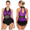 S-XXL Bodysuit da Ballo Rumba Cha-cha da Donna Lurex Lente a Paillettes Blocco di Colore Rete in Vita Orlo con Piume Taglio Senza Maniche Leotard Jumpsuit Costume da Ballo