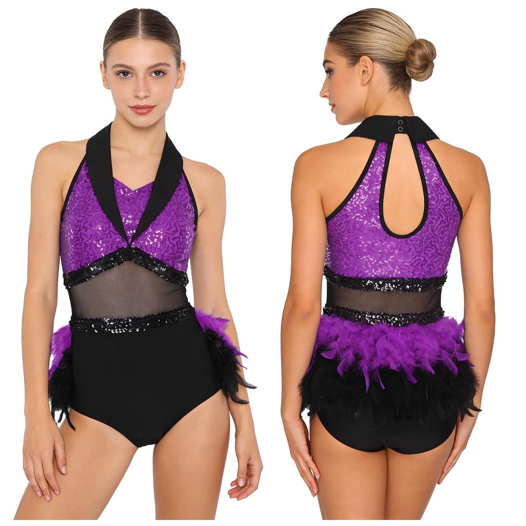 S-XXL Bodysuit da Ballo Rumba Cha-cha da Donna Lurex Lente a Paillettes Blocco di Colore Rete in Vita Orlo con Piume Taglio Senza Maniche Leotard Jumpsuit Costume da Ballo