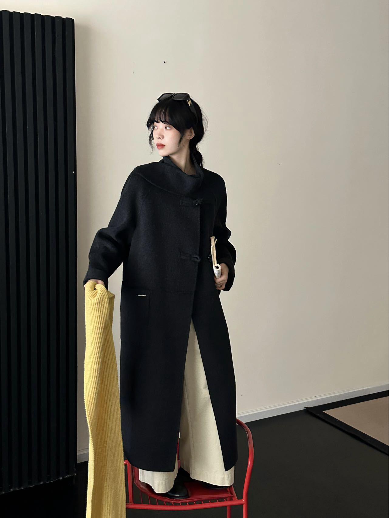 

Korean Stand Collar Double-Faced Wool Overcoat for Women - Loose Fit, Long, Wool Blend, Autumn/Winter Collection M