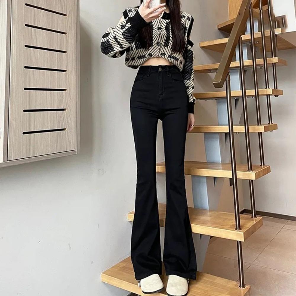 

Простые расклешенные джинсы женские весенне-осенние модели, новая облегающая корейская версия, тонкие и драпирующиеся, микро-пулл брюки с высокой посадкой 2XL чёрный