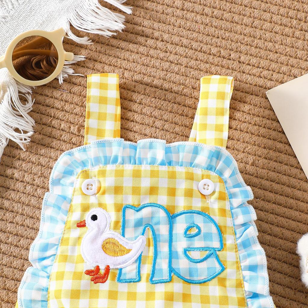 Baby Girl Cute Duck Patch Embroidered Plaid Romper - 1st Birthday Crawling Suit