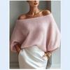 Womens Off-Shoulder Boat Neck Loose Batwing Sleeve Knit Sweater Soft Comfortable Casual Top