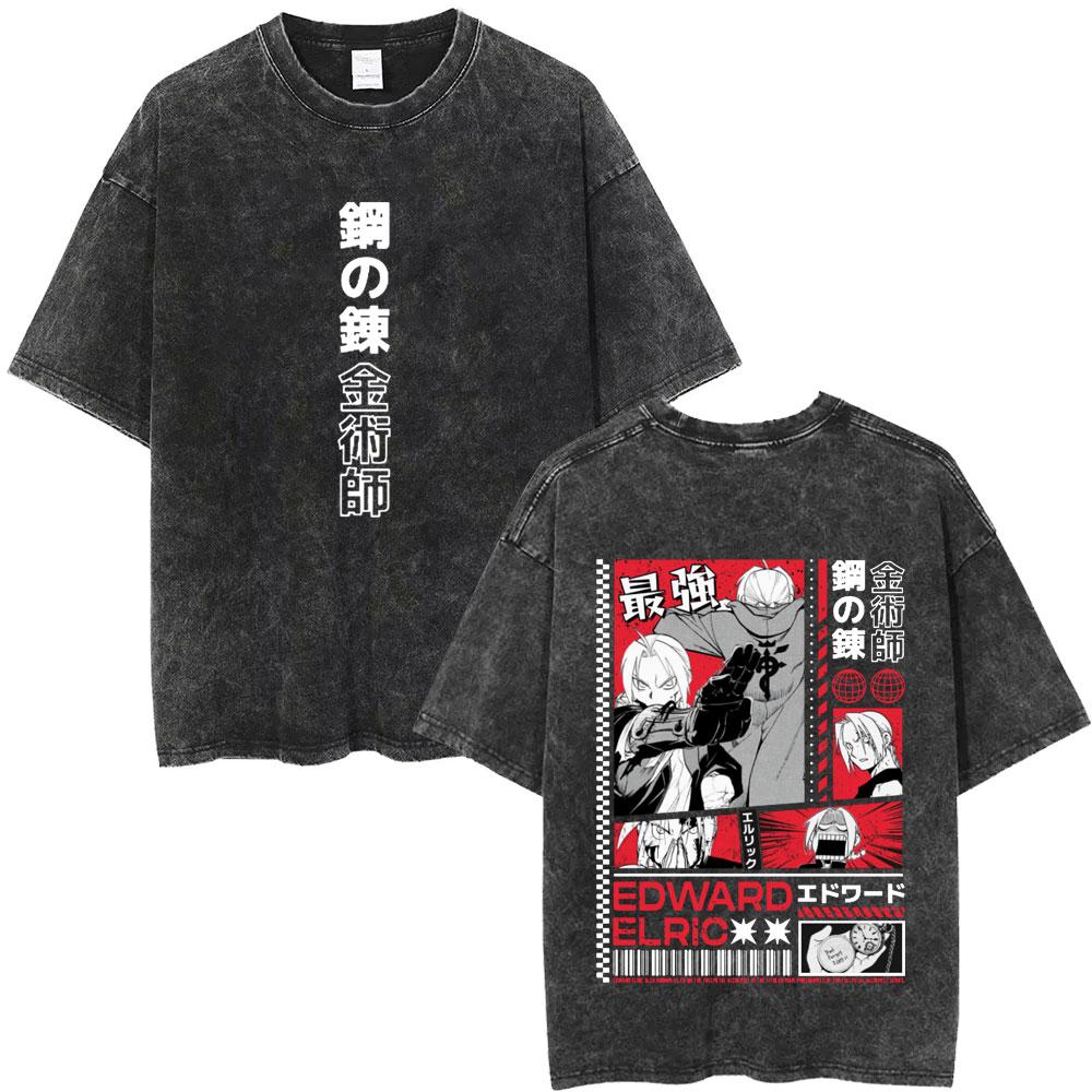 Washed Vintage Anime Fullmetal Alchemist Manga Edward Elric Graphic T-shirt Men Women Clothing Manga Casual Oversized T Shirts S