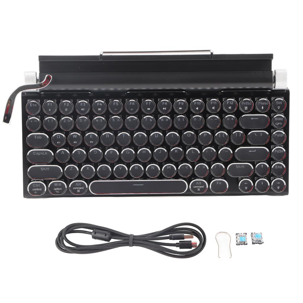 Typewriter Keyboard 83 Keys Vintage Wireless  Mechanical Keyboard with Metal Round  Blue Switch Mechanical Keyboard