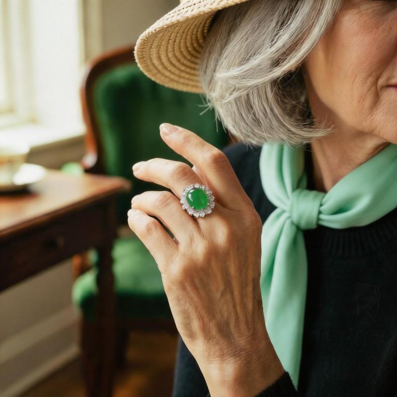 Adjustable Open Ring Women Men Geometric Green Chalcedony Stone Jewelry French Vintage Style