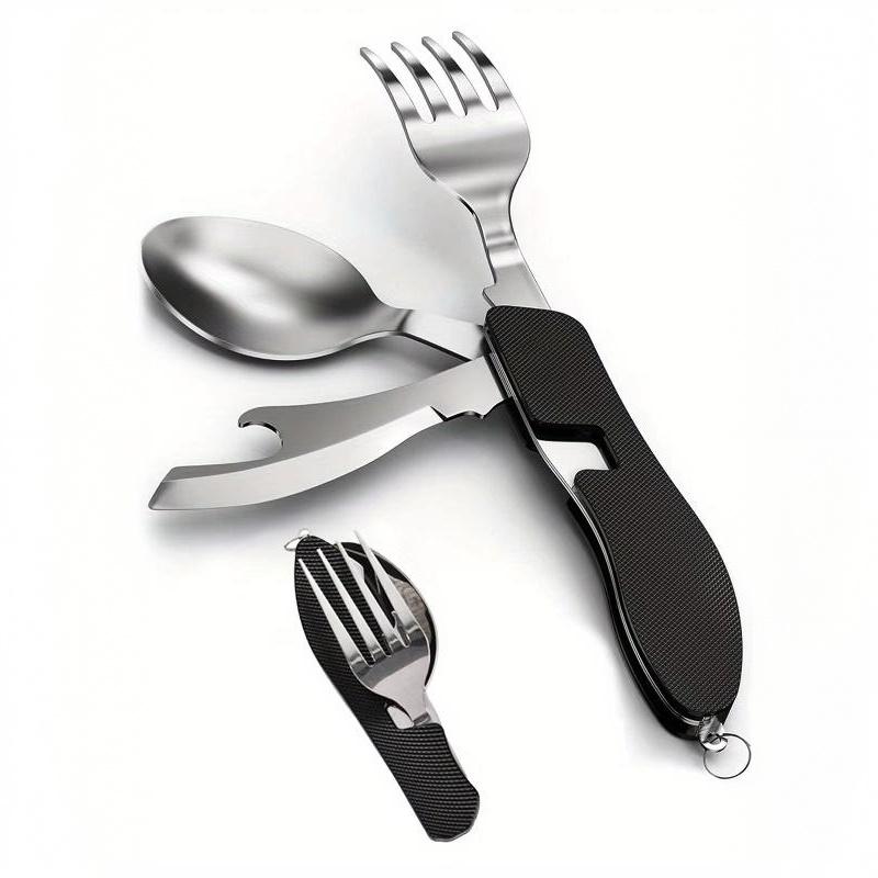 Set di posate portatile pieghevole in acciaio inossidabile resistente alla corrosione: forchetta, cucchiaio, coltello, apribottiglie per picnic, viaggi, uso quotidiano