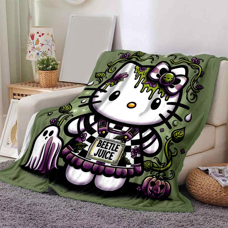 1pc Cartoon Spooky Hello Kitty Blanket, Cartoon Throw for Home Decor, Gift Idea, All Seasons Use, Cozy Bedding Cover, Room Decoration, Living Room, Tr
