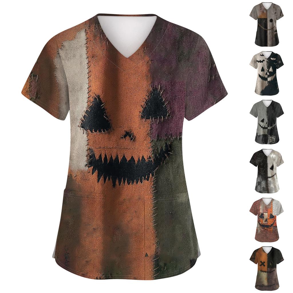 Women's Fashion Short Sleeve Halloween Print V-Neck Pocket Workwear Tops
