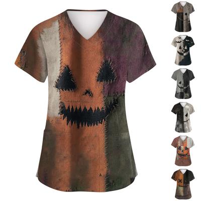 Women's Fashion Short Sleeve Halloween Print V-Neck Pocket Workwear Tops
