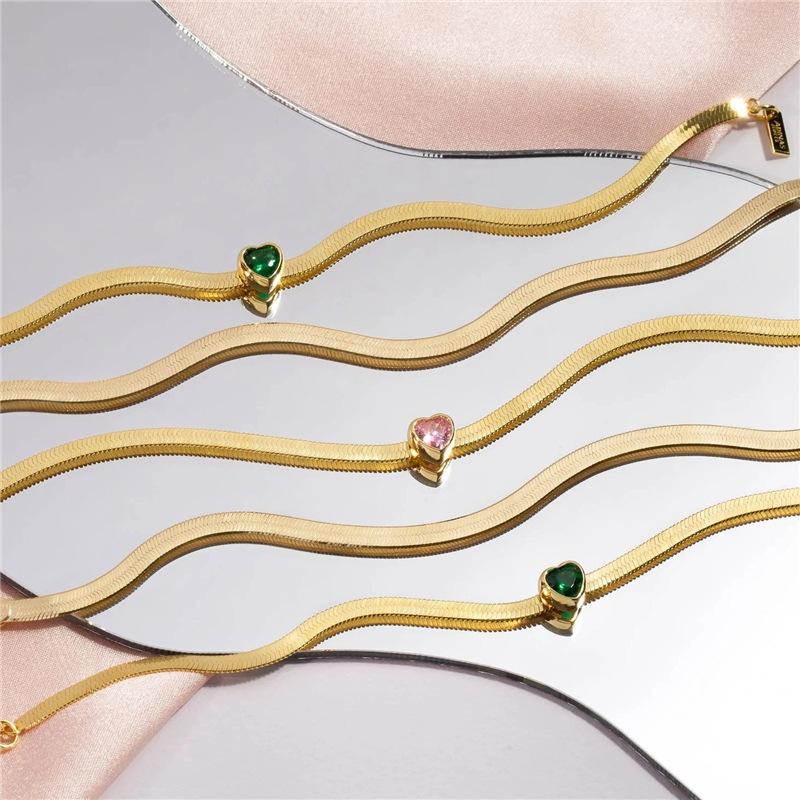 Fashion S925 Sterling Silver Heart-Shaped Love Zircon Sweet Cool Wind Snake Skin Chain Pink Diamond Green Diamond Bracelet