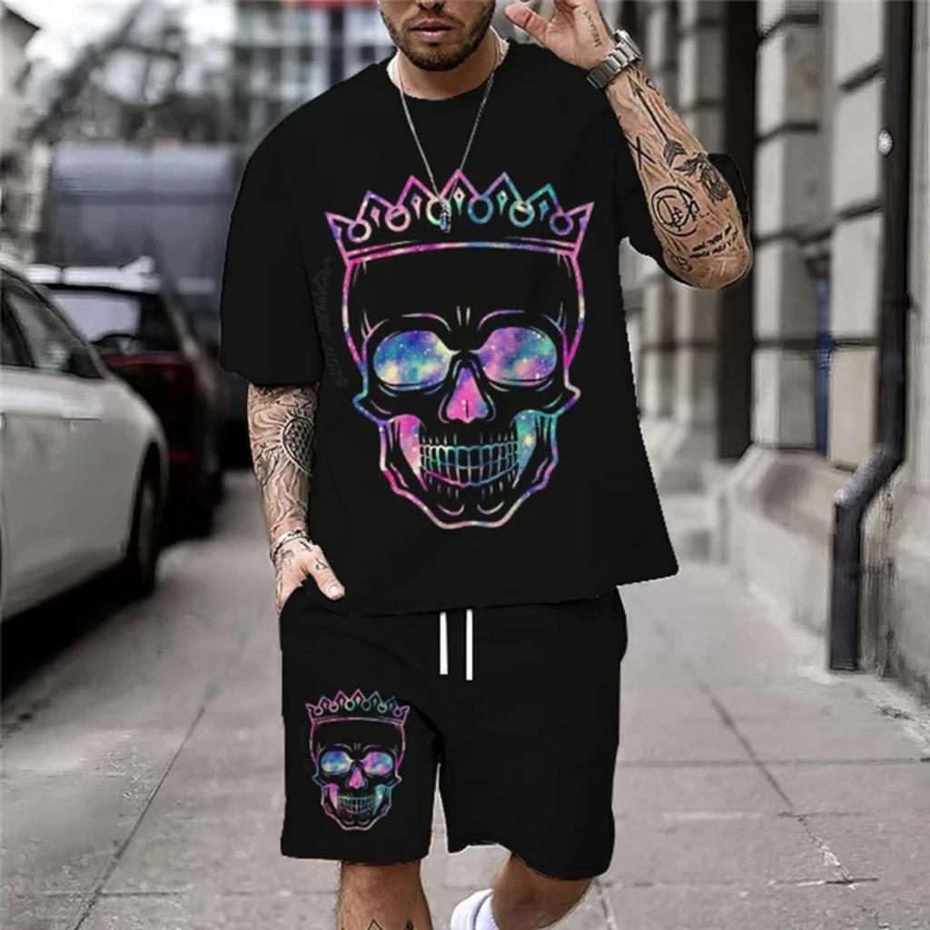 Summer New Casual Men's Skull Print T-Shirt Set Fashion Streetwear Tees Loose Breathable Soft Short Sleeves And Shorts