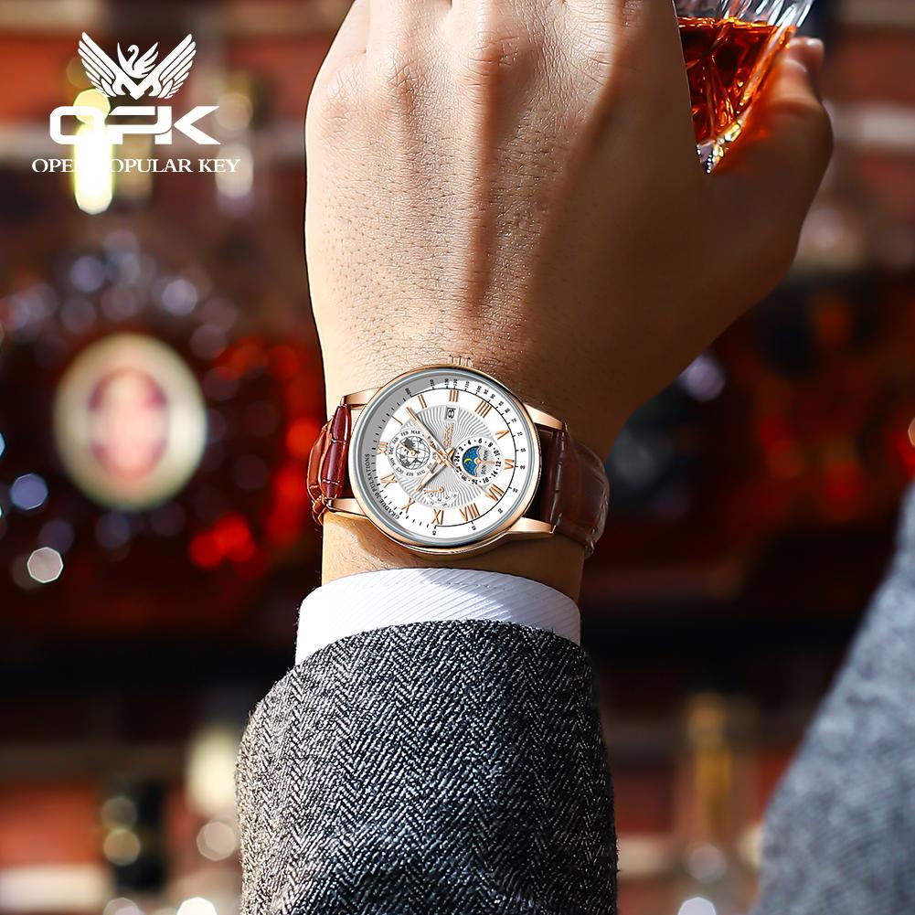 OPK 8153 Fashion Business Men's Quartz Wristwatch Luminous 24 Hour Moon Phase Leather Strap Waterproof Man Watch Luxury