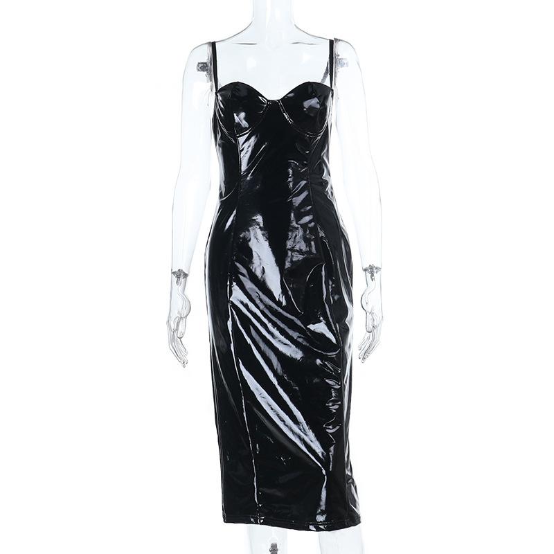 European and American glossy leather dress, sexy waist tight split hip skirt in autumn and winter