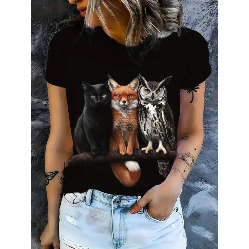 Comfortable Tee Fashion Women's Color Animal Short Sleeve Crew Neck T-Shirt Crew Neck Short Sleeve 3D Animal Color Printing Tops