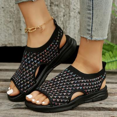 Fashion Summer Women Shoes Mesh Knitted Fish Mouth Sandals Retro Casual Breathable Large Size Hollow Sandals Casual Slip On Shoes
