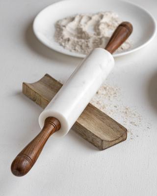 White Marble Rolling Pin with Mango Wood Rest