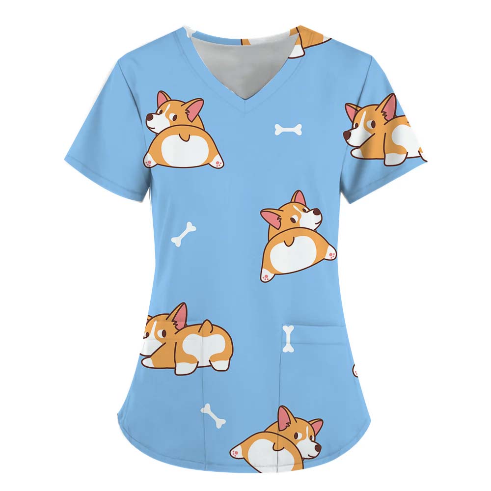 Surgical Uniforms Woman Scrub V-Neck Short Sleeves Tops Women's Medical Uniforms Vet Clinical Uniforms Cute Puppy Cartoon Print