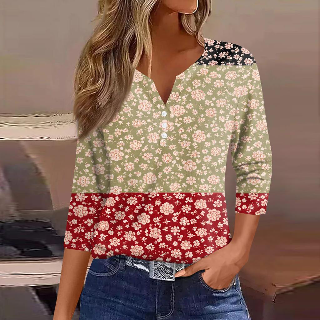 T-shirt da Donna Maglietta Stampata Bottoni Manica Corta Tunica Moda Quotidiana Weekend Base Scollo a V Top Regolare