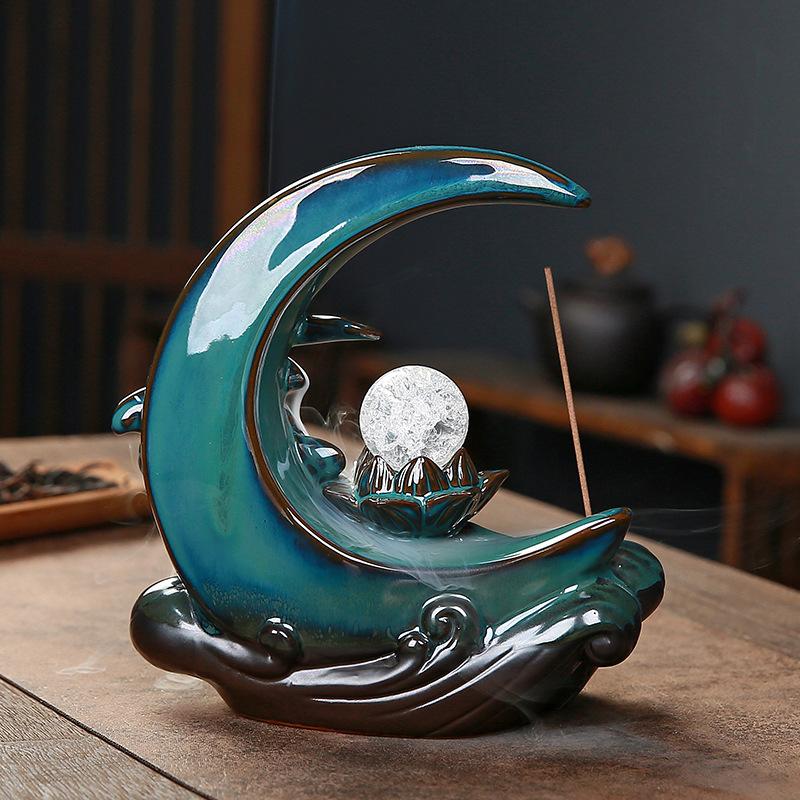 Creative Blue Lotus Pond Moonlight Reverse Flow Incense Burner Creative Home Decor Item Ceramic Incense Burner
