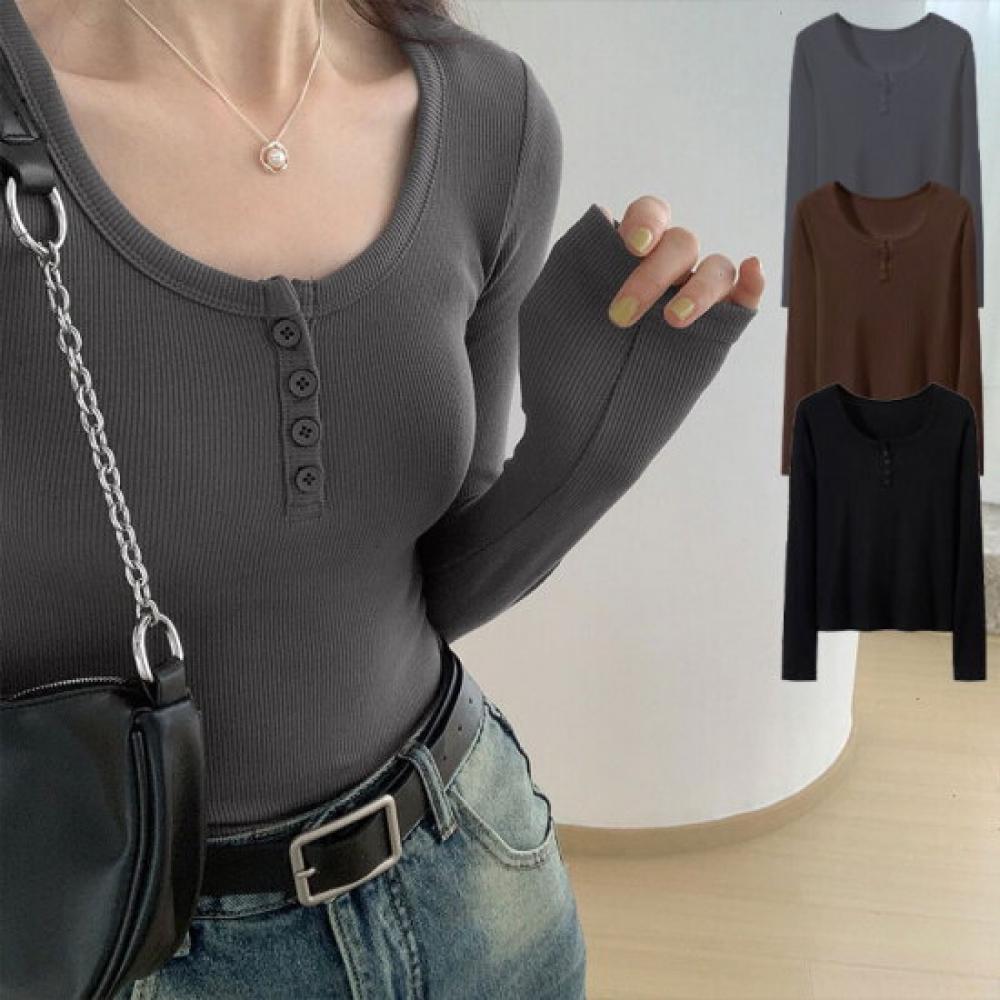 Shop Women S U Neck Ribbed Half bUtton Slim Long Sleeve Top Wld wSh SiS677