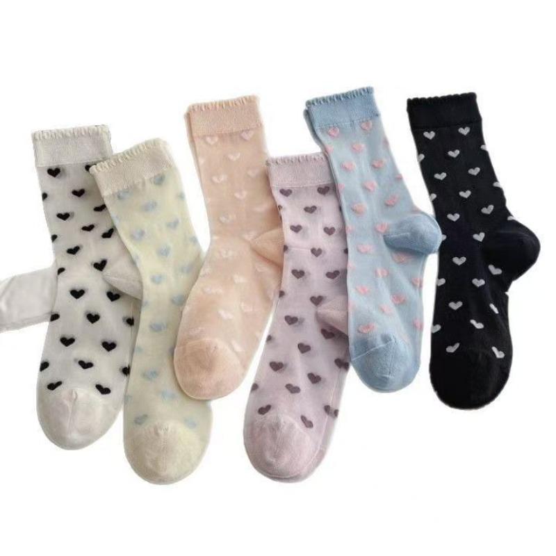 Ladies Spring and Summer Thin Love Crystal Silk Auricle Lace Breathable Cylinder Stack Socks