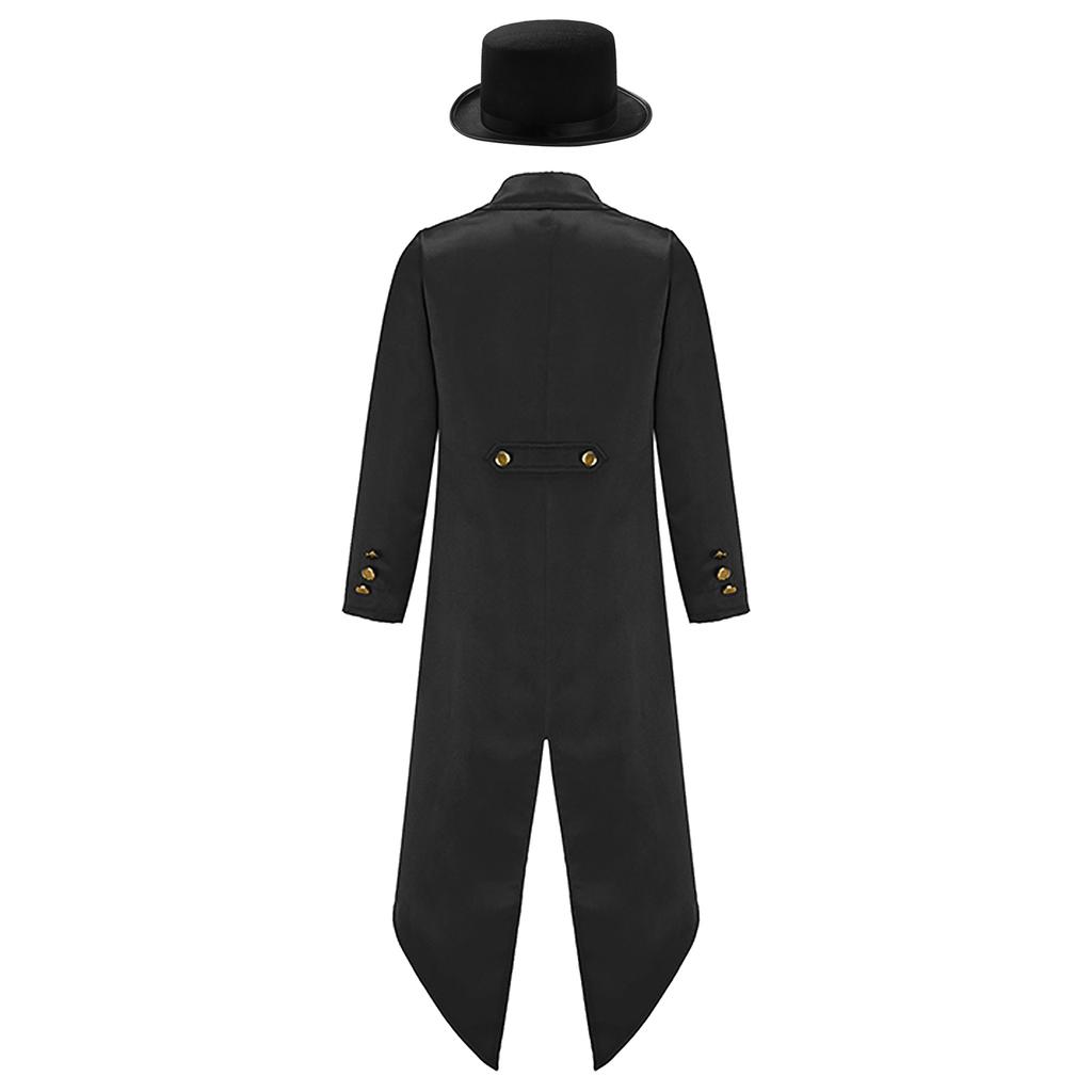 Kids Victorian Costume Retro Renaissance Tailcoat Jacket Gold Buttons Felt Hat Magician Ringmaster Party Outfit