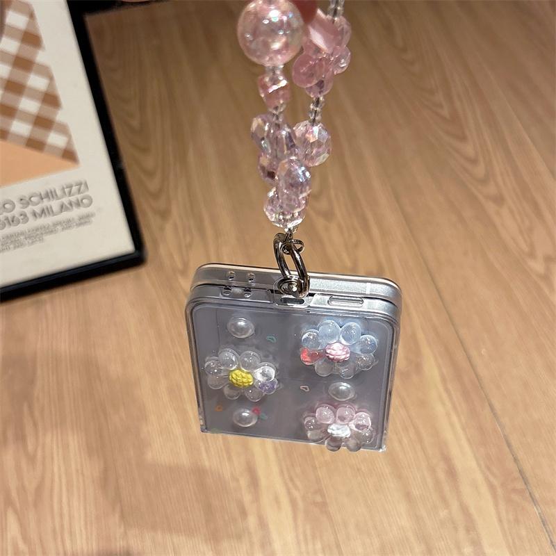 3D Daisy Flower Glitter Clear Case For Samsung Galaxy Z Fold 7 6 5 4 Cute Floral Pearl Shockproof Cover With Pink Beads Wrist St