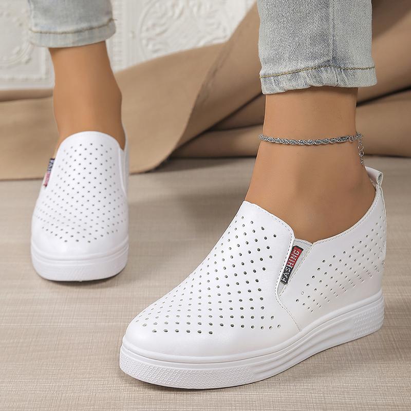 Pantofi sport cu platformă albă și talpă groasă, cu platformă ascunsă, pentru femei, culoare solidă, respirabil, casual, sport, confortabil, alunecare pe pantofi sport cu platformă albă