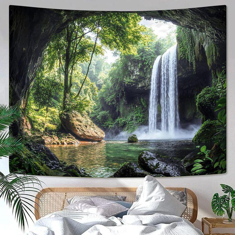 Zen Wild Forest Waterfall Tapestry Misty Cave Scenery Wall Hanging Aesthetic Dorm Bedroom Boho Home Wall Decor Cloth